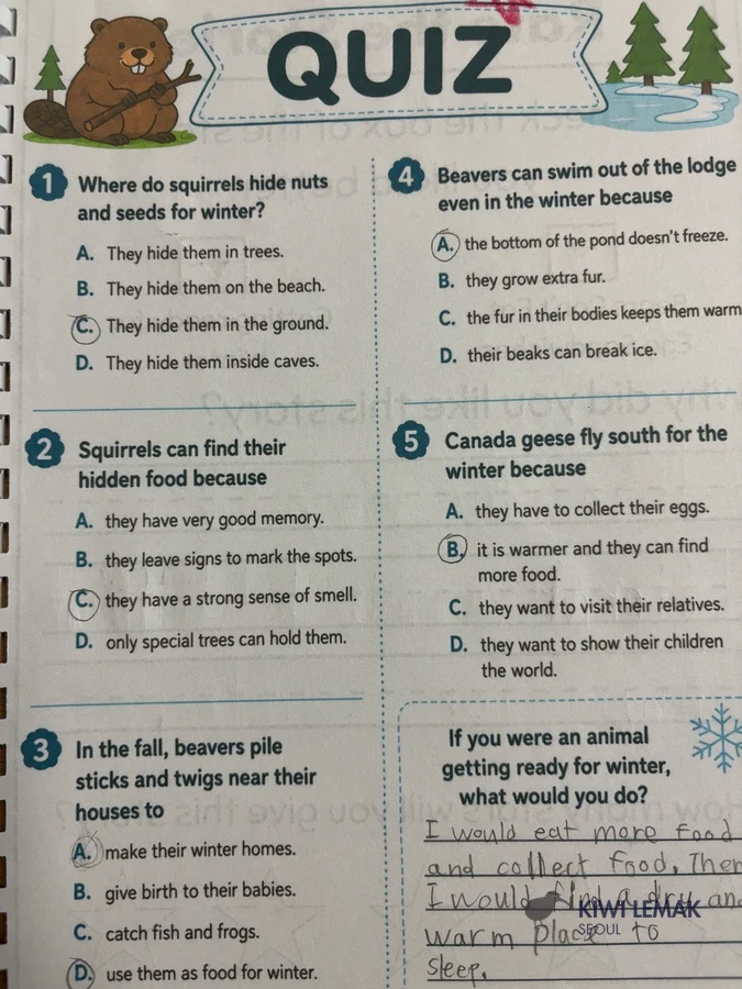 Completed winter-animals quiz with a handwritten open-response answer