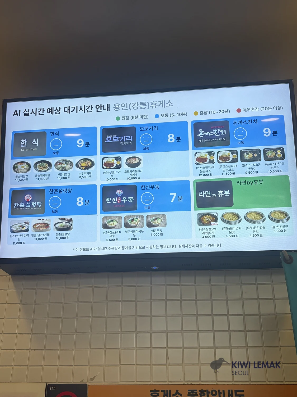 A digital menu board at a rest stop food court lists Korean dishes like kimchi stew, tonkatsu, and udon with prices and estimated wait times per counter.
