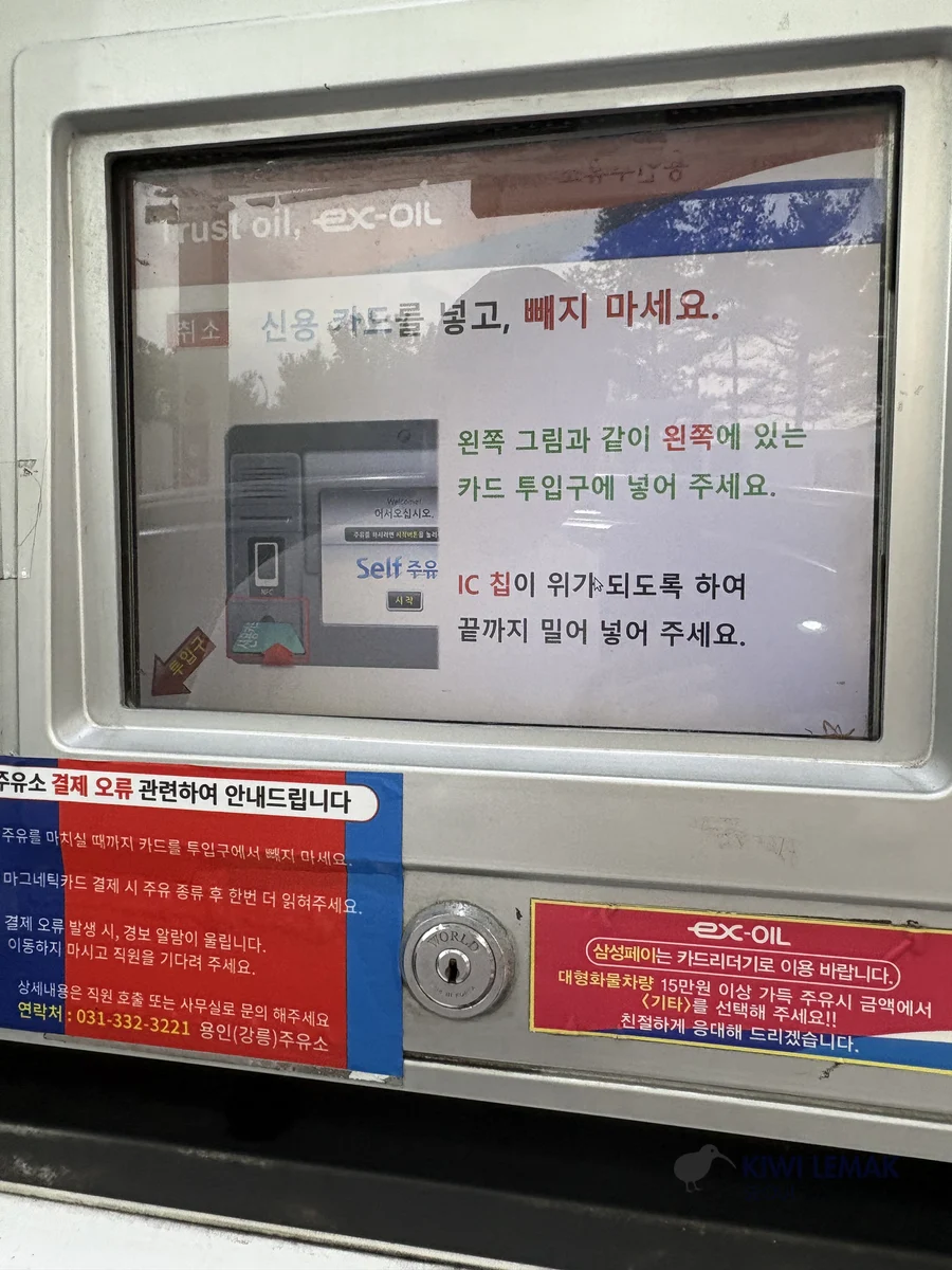 On-screen instructions show exactly how to insert a credit card into the pump's reader, chip facing up, pushed in fully.